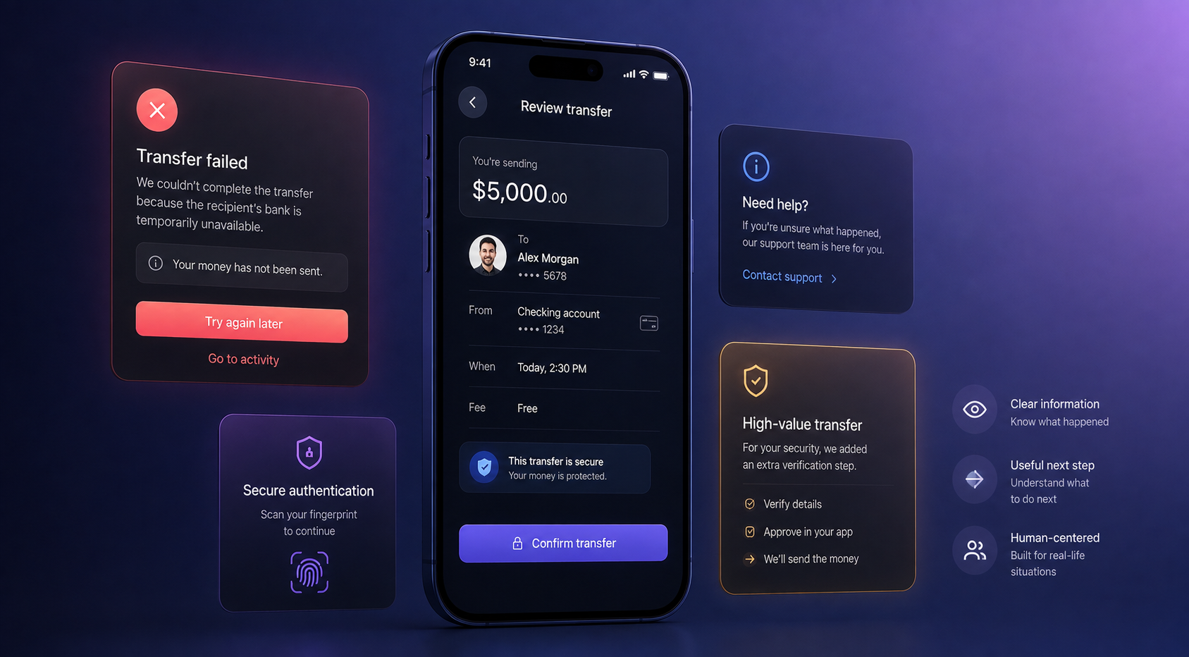 Mobile banking concept illustrating secure transactions, error recovery, and risk-aware UX