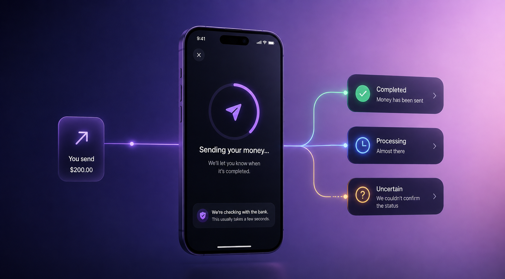 Fintech interface concept connecting banking infrastructure with clear user-facing transaction states
