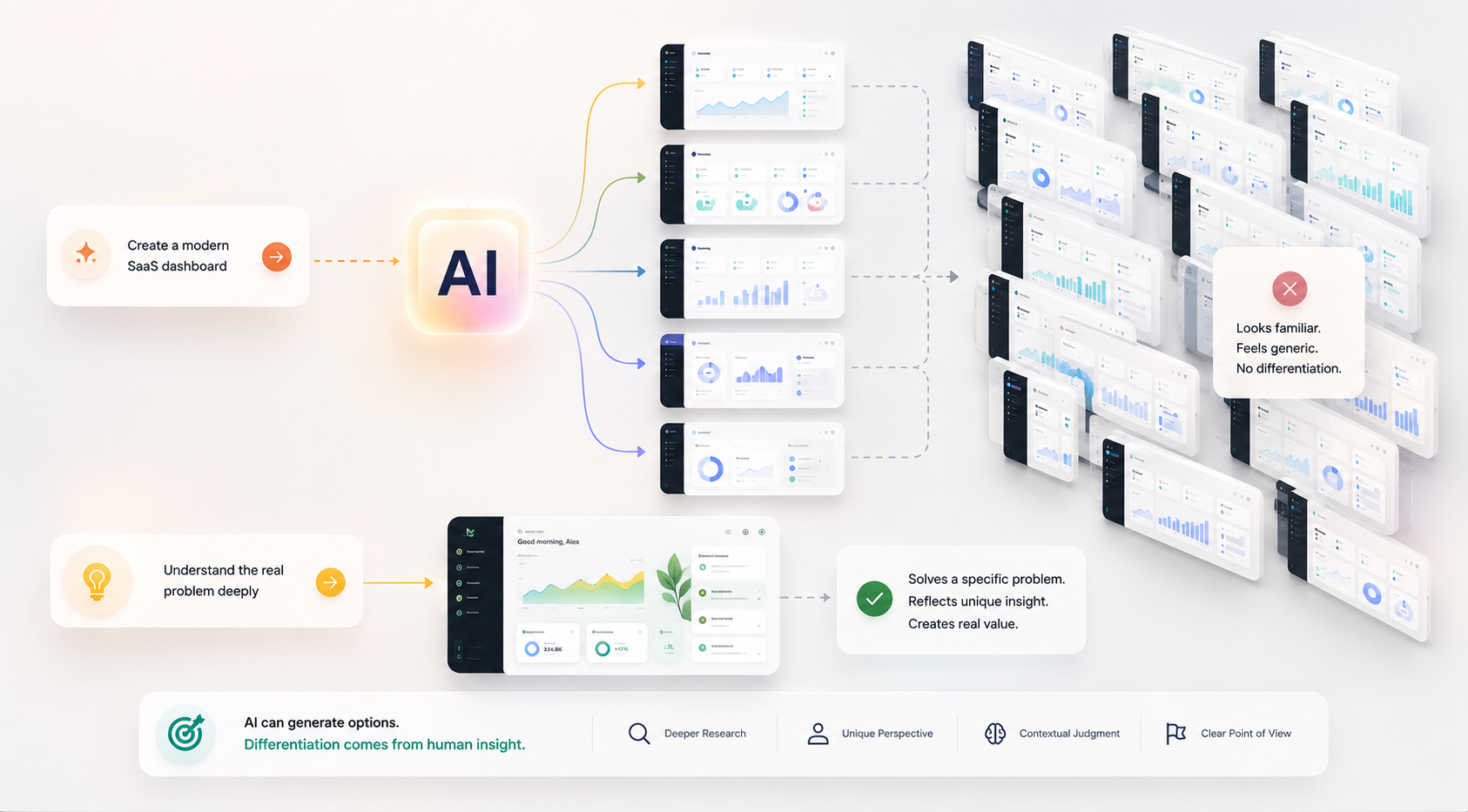 AI generating similar interface concepts while human insight creates a distinctive product experience